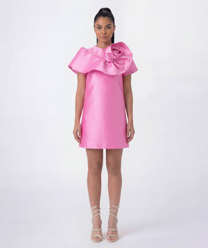 Mulberry mini dress with oversized 3D flower shoulder detail and tailored shift silhouette