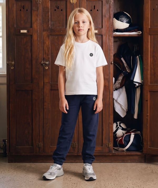 Front view of Navy Cotton Girls Sweatpants in navy cotton for girls ages 3 to 12, a premium children’s design by Mama Luma