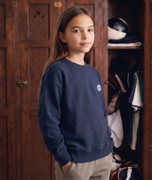 Front view of Navy Cotton Girls Sweatshirt in gold cotton for girls ages 3 to 12, a premium children’s design by Mama Luma