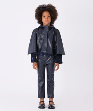 Full body view of Mama Luma Designer’s Navy Faux Leather Jacket — trendy layering piece for girls 3–12Y, styled for everyday wear