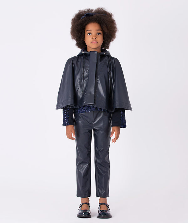 Full body view of Mama Luma Designer’s Navy Faux Leather Jacket — trendy layering piece for girls 3–12Y, styled for everyday wear
