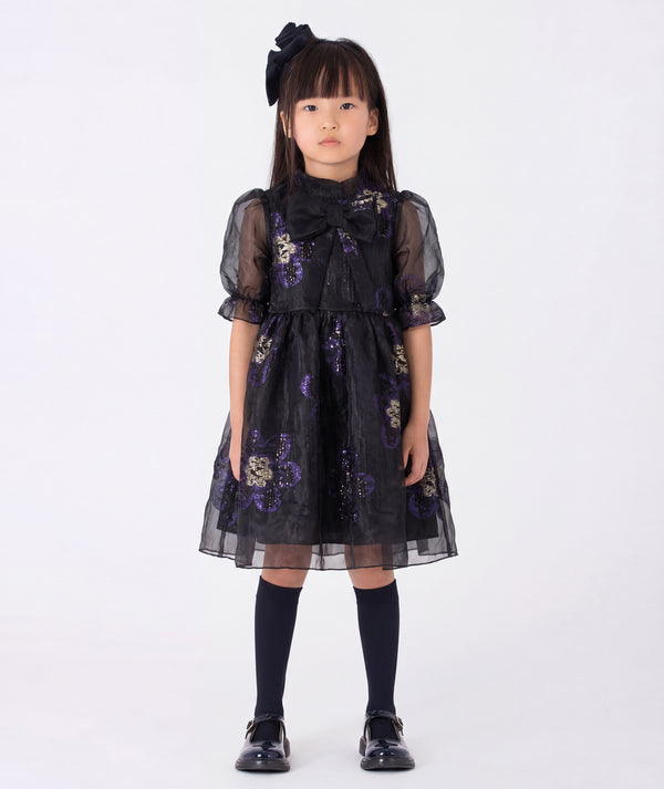 Navy Jacquard Floral Girls Dress