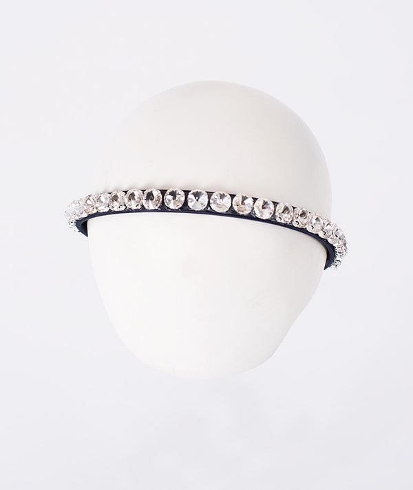 Front view of Navy Pearl Headband in navy satin, a premium children’s design by Mama Luma