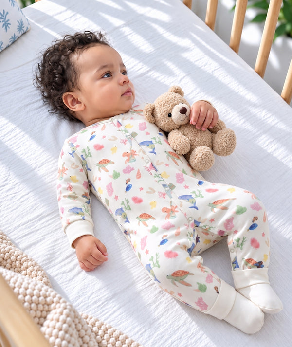 Ocean-print baby romper, casual one-piece baby clothing.
