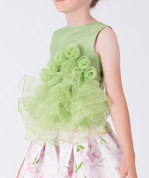 Close-up of the organza 3D floral appliqué detailing on a girls sleeveless top, showcasing layered texture and refined craftsmanship.