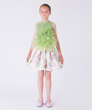 Front view of an organza 3D flowers girls outfit featuring a sculptural top and flared floral skirt, designed for elegant daytime occasions.