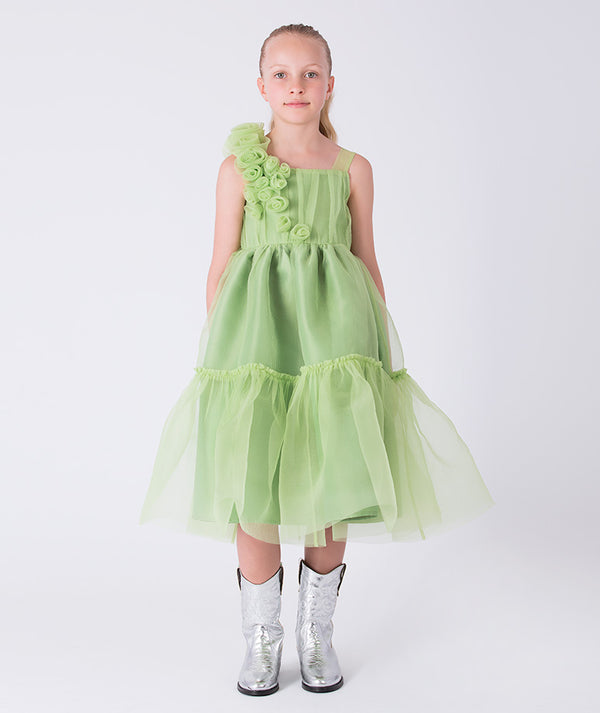 Front view of an organza girls dress with 3D shoulder floral detail by Mama Luma, designed for special occasions and elegant celebrations for ages 3–12.