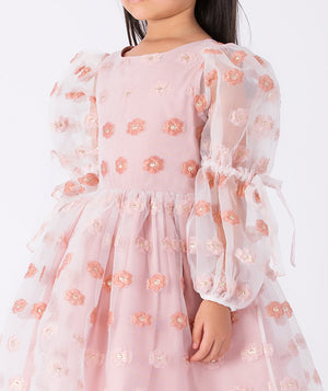 Luxury girls’ organza dress (3–12Y) – floral embellished dress with sheer sleeves for Easter celebrations, holiday portraits, and festive gatherings