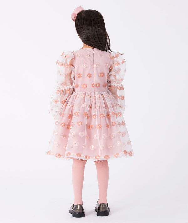 Handmade organza flowers girls’ dress (3–12Y) – couture-inspired pink dress with layered ruffles for weddings, spring celebrations, and family portraits