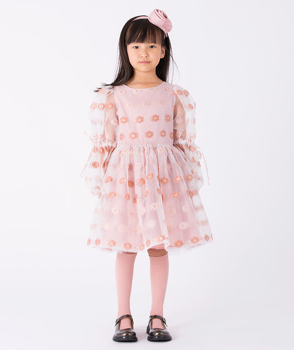 Organza flowers girls’ dress (3–12Y) – blush pink organza dress with floral appliqués and ruffles for weddings, birthdays, and portraits