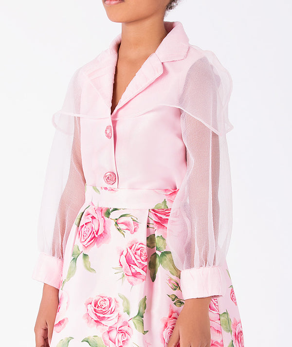 Editorial view of Organza Rose Girls Outfit | 2 Pieces in pink organza for girls ages 3 to 12, featuring fabric texture and color