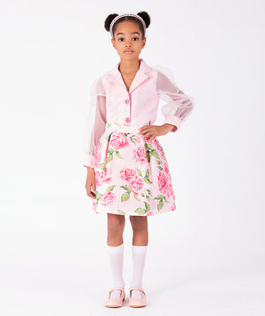 Front view of Organza Rose Girls Outfit | 2 Pieces in pink organza for girls ages 3 to 12, showing overall silhouette and styling