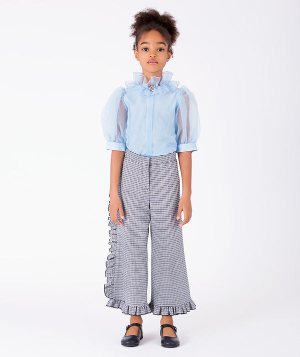 Luxury powder blue organza girls blouse with statement ruffles and sheer puff sleeves for weddings and special occasions