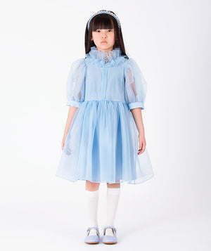 Elegant occasionwear view of Organza Ruffles Girls Dress in powder blue organza for girls ages 3 to 12, for flower girl moments and elegant parties