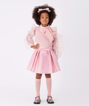 Organza ruffles girls’ outfit (3–12Y) – pink bow blouse with satin pleated skirt for weddings and birthdays