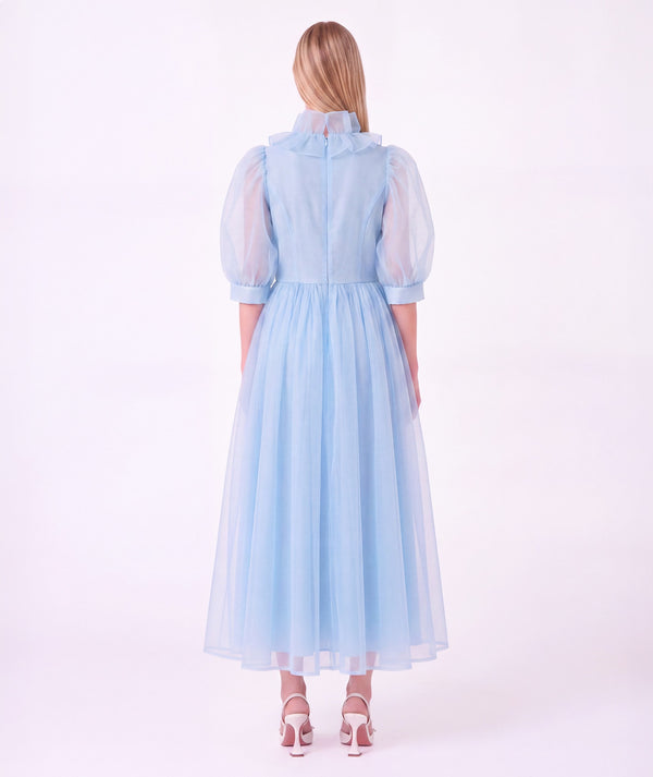 Back view of powder blue Organza Ruffles Women's Dress with sheer puff sleeves, ruffled collar and full skirt