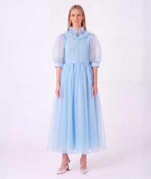 Organza Ruffles Women's Dress in powder blue with jeweled brooch, ruffled high neck and puff sleeves by Mama Luma