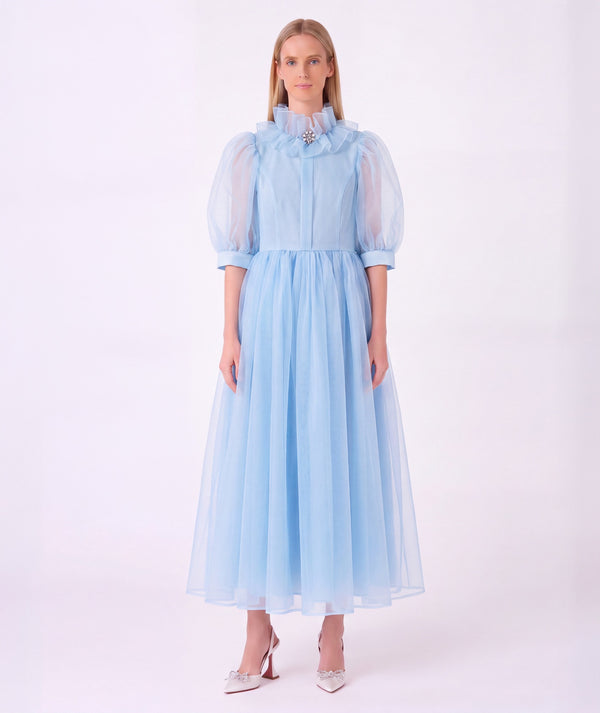 Organza Ruffles Women's Dress in powder blue with jeweled brooch, ruffled high neck and puff sleeves by Mama Luma