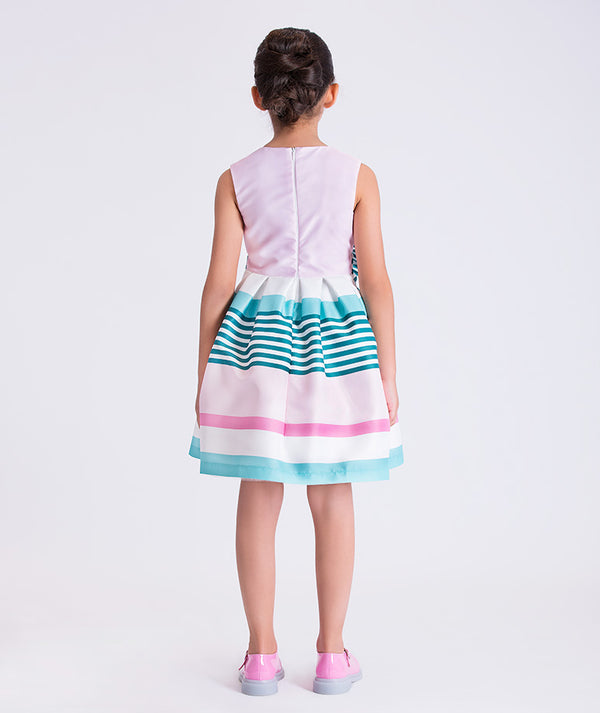 Back view of Pastel Stripes Girls Dress showing sleeveless design and knee length skirt from Mama Luma's Kohana Collection