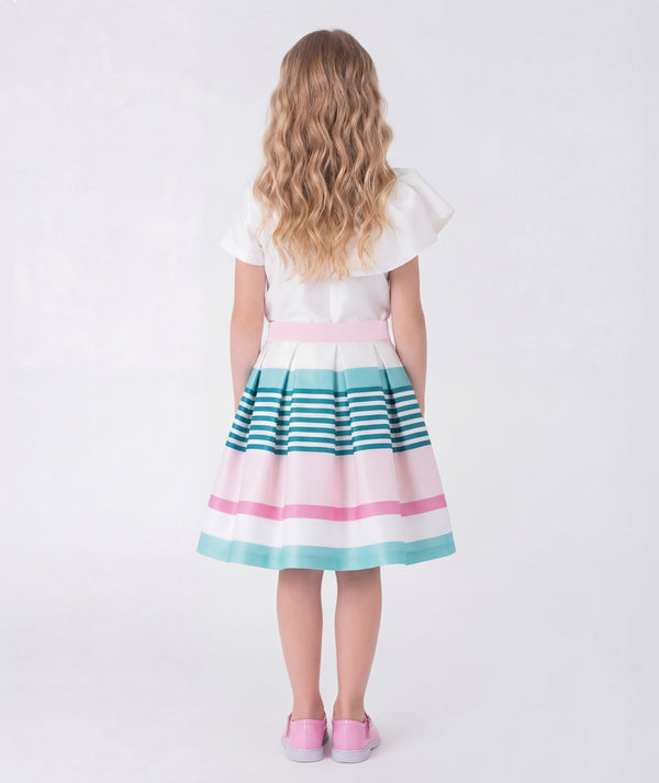 Back view of Pastel Stripes Girls Outfit 2 Pieces showing coordinated top and knee length striped skirt by Mama Luma