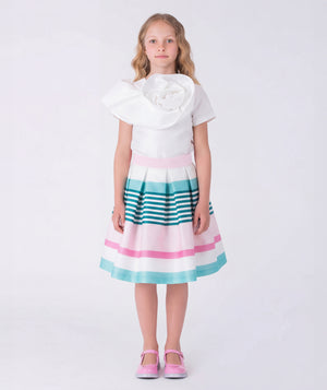 Pastel Stripes Girls Outfit 2 Pieces featuring floral detail top and pastel striped skirt from Mama Luma’s Kohana Collection