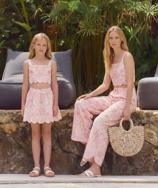 Editorial view of Pearl Prints Girls Outfit | 2 Pieces for girls ages 3 to 12, featuring fabric texture and color