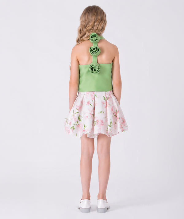 Back view of Peonia Petals Outfit | 2 Pieces in mint cotton, highlighting overall silhouette and styling