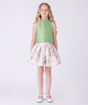 Editorial view of Peonia Petals Outfit | 2 Pieces in mint cotton, featuring fabric texture and color