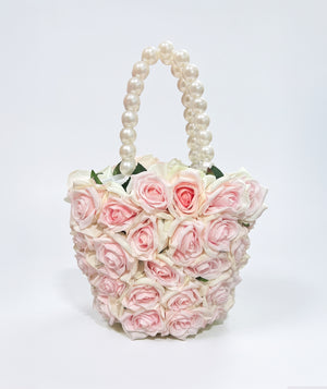 Pink and ivory rose flower girls handbag with pearl handle