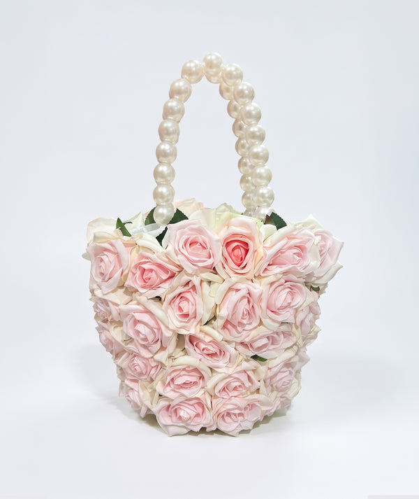 Pink and ivory rose flower girls handbag with pearl handle