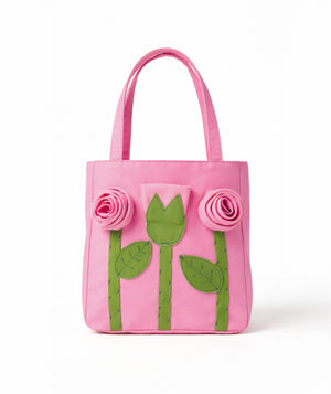 Pink felt girls handbag with green tulip appliqués