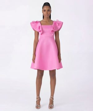 Pink mini dress with floral ruffle shoulders and square neckline