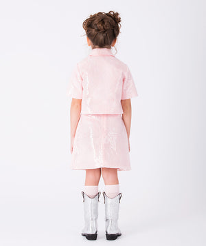 Back view of pink sequin girls’ skirt (3–12Y) featuring a short-sleeve top and A-line skirt, perfect for weddings, birthdays, and festive celebrations