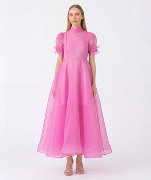 Pink sheer organza maxi dress with 3D flower appliqué puff sleeves and high neckline