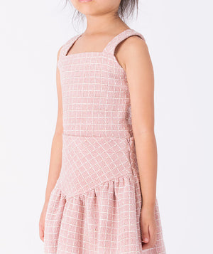 Charming pink tweed sleeveless dress with a checkered pattern — a timeless piece perfect for tea parties, birthdays, and family gatherings. Available in sizes 3–12Y