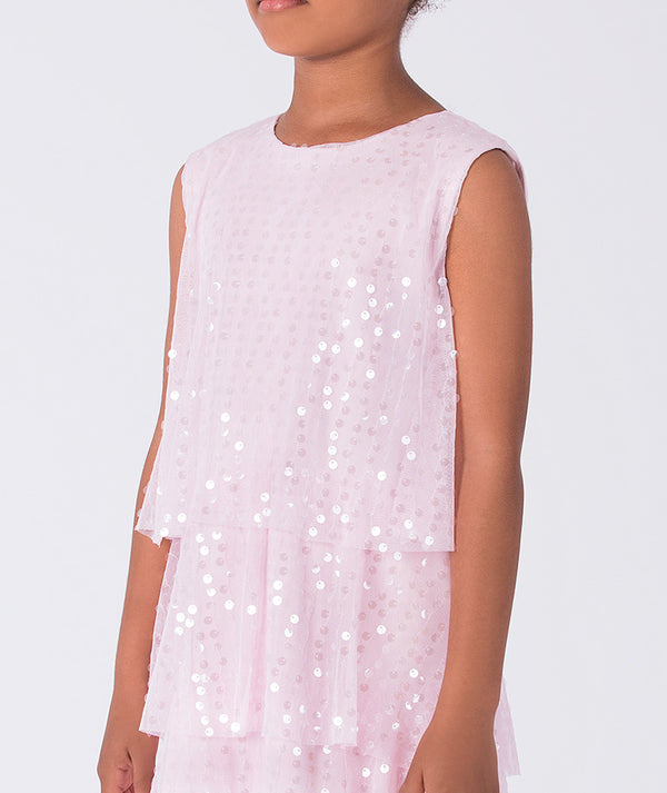 Pink sleeveless top with sequin details on a plain background