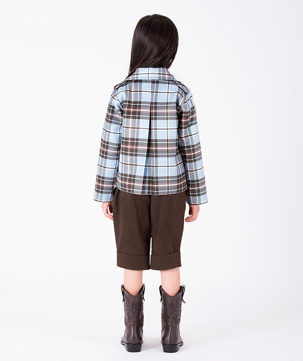 Back view of Plaid Cropped Girls Jacket in powder blue and chocolate plaid for girls ages 3 to 12 by Mama Luma.
