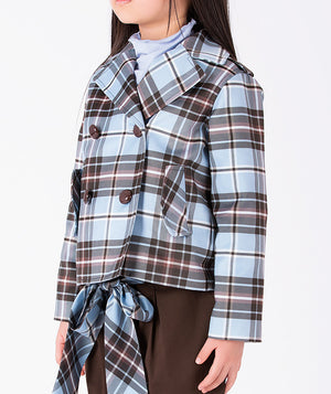 Detail view of Plaid Cropped Girls Jacket featuring wide lapels, chocolate buttons and powder-blue plaid by Mama Luma.