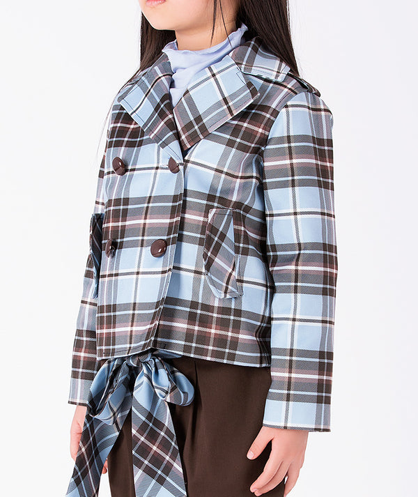Detail view of Plaid Cropped Girls Jacket featuring wide lapels, chocolate buttons and powder-blue plaid by Mama Luma.