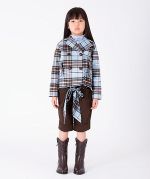 Front view of Plaid Cropped Girls Jacket with double-breasted buttons and blue-brown check pattern for girls ages 3 to 12 by Mama Luma.