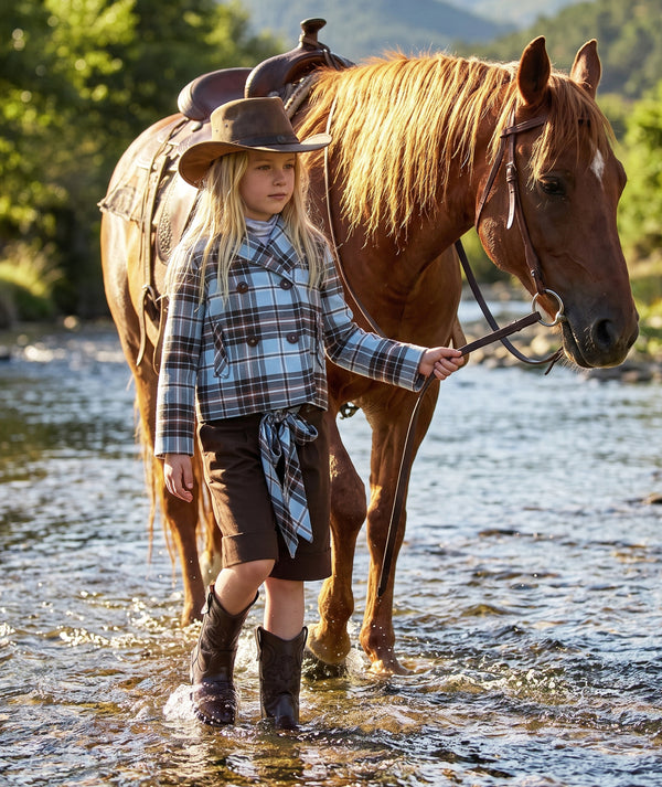 Plaid cropped girls jacket in powder blue and chocolate brown with tailored double-breasted design by Mama Luma.