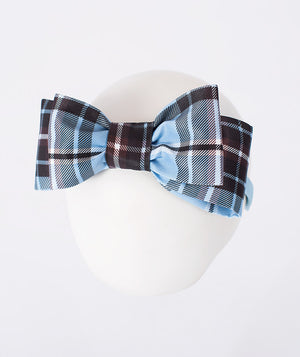 Matching Plaid Girls Headband with an oversized bow in powder blue, chocolate brown and ivory checks from Mama Luma’s Altai Morin Collection.