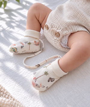 Pool Party print baby booties, soft infant footwear.