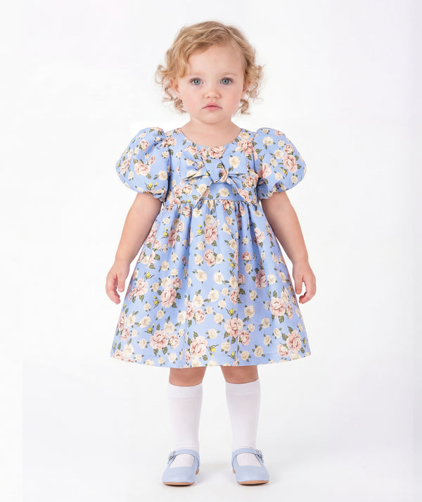 Porcelain Garden blue floral baby girl dress with pink roses, puff sleeves and layered bow details