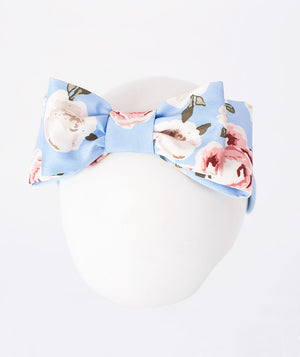 Soft blue floral girls headband with statement bow from Mama Luma Porcelain Garden Collection