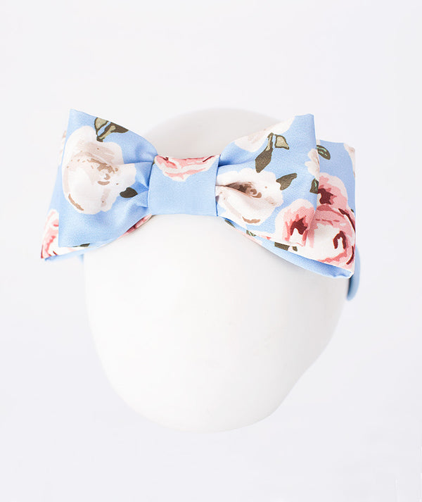 Soft blue floral girls headband with statement bow from Mama Luma Porcelain Garden Collection