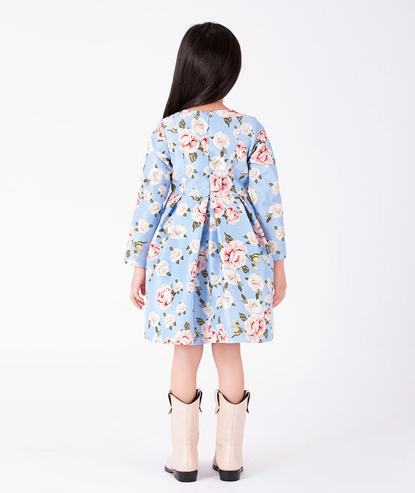 Porcelain Garden blue floral girls dress with pink roses and structured pleated skirt back view