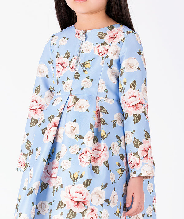 Porcelain Garden blue floral girls dress with pink roses and front zipper detail