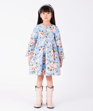 Porcelain Garden blue floral girls dress with pink roses and pleated skirt front view