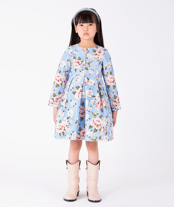 Porcelain Garden blue floral girls dress with pink roses and pleated skirt front view
